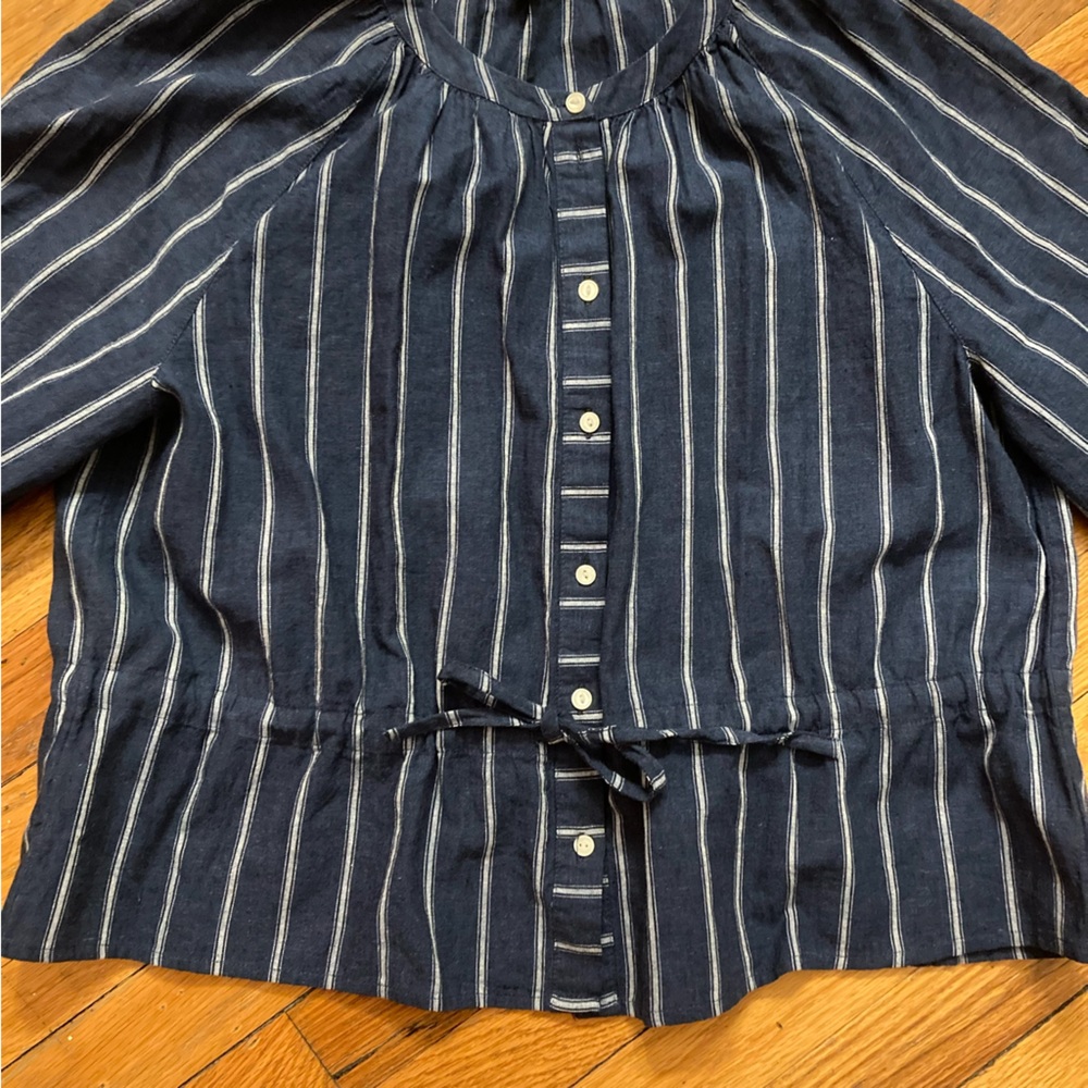 J. Crew Tie-Waist Navy White Stripe Linen-Blend Button-Up Long Sleeve Blouse 10P - Picture 5 of 8